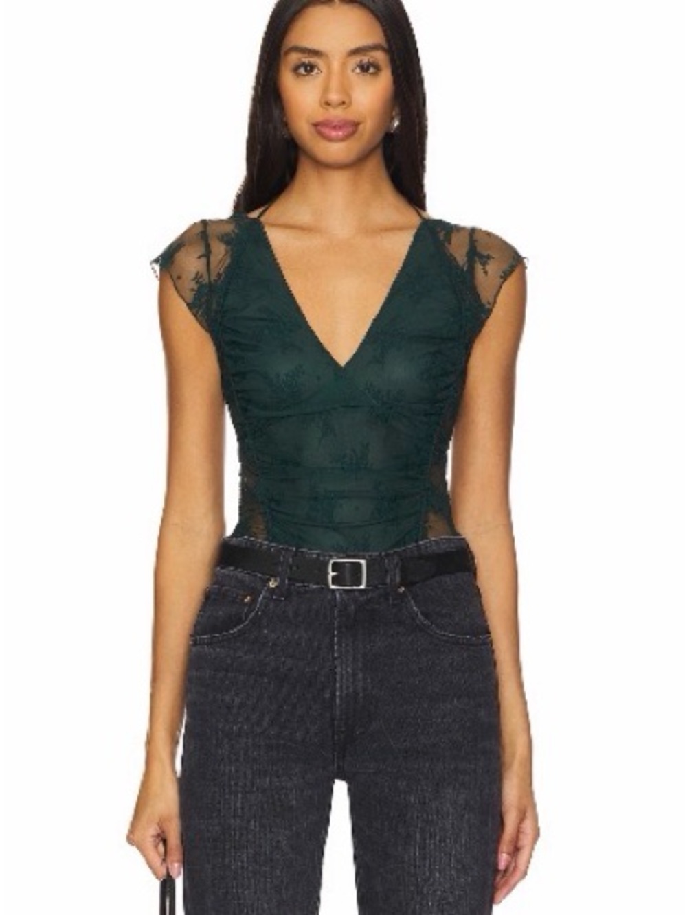 Free People Green Lace V-Neck Cap Sleeve Top